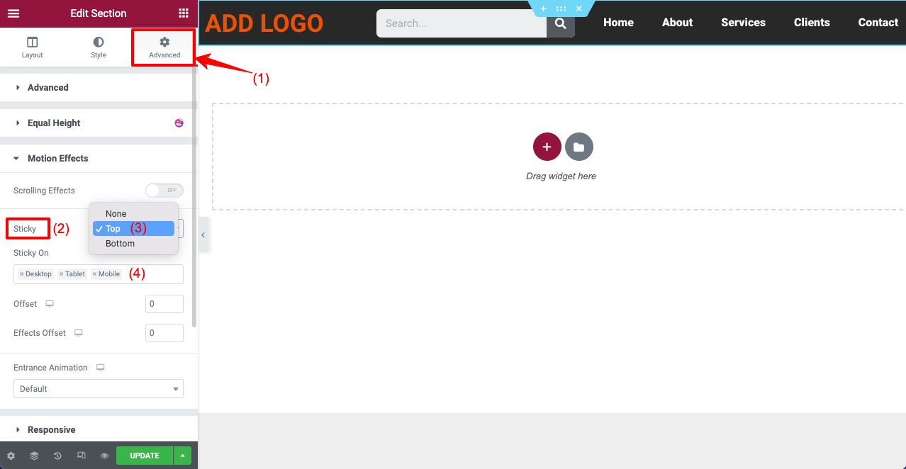 How To Create Elementor Sticky Transparent Header (Step By Step Guide) 7 Stick the Elementor Header on the Top