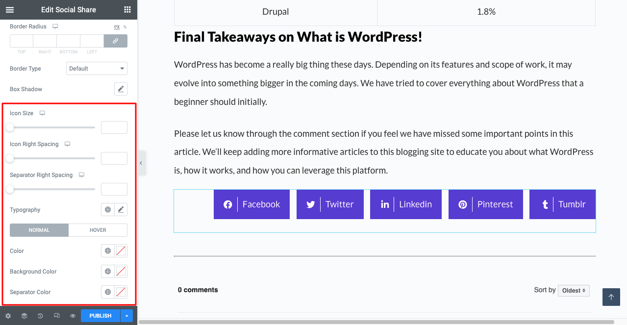 How to Add Social Media Share Buttons to WordPress Posts 16 Change Icon Size, Typography, and Color of Social Share Button
