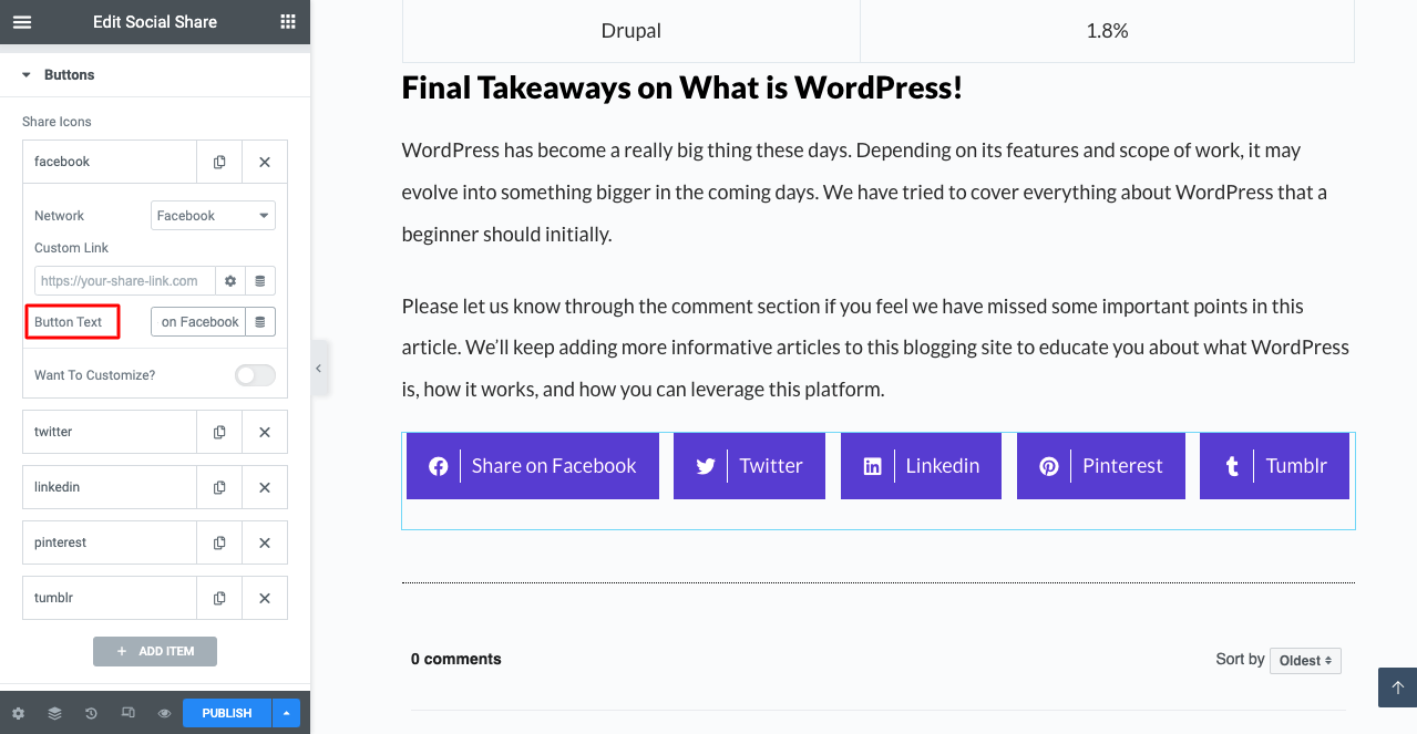 How to Add Social Media Share Buttons to WordPress Posts 13 Change Social Share Button Text Using HappyAddons
