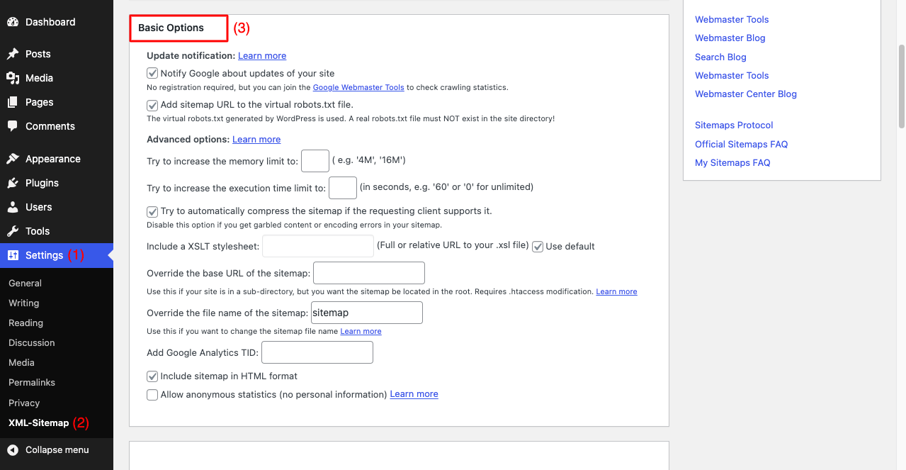How to Create a Sitemap and Submit It to Google and Other Search Engines 11 Complete the basic settings of XML Sitemap Plugin