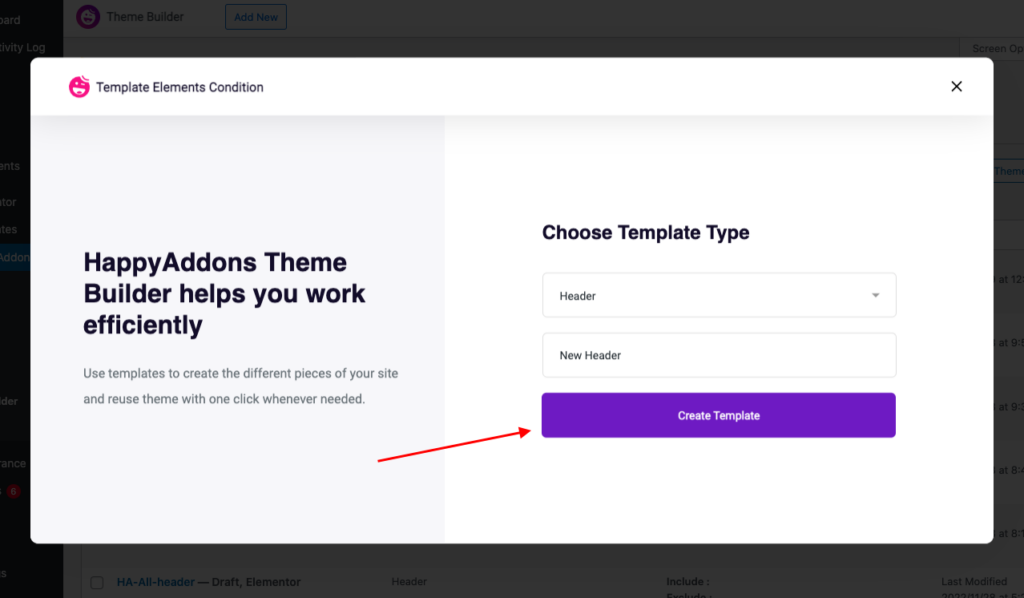 How to Access the HappyAddons Theme Builder 2 Choose your template type & name