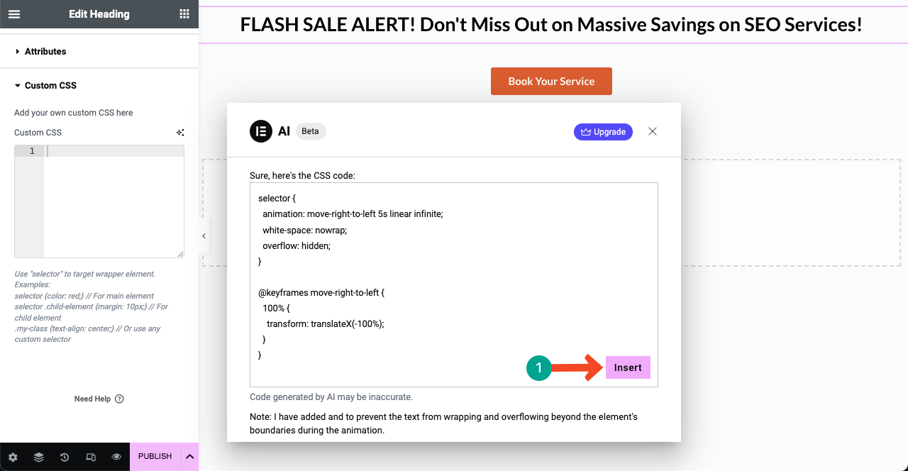 Introducing Elementor AI - Benefits, Use Cases, and How to Use It 5 Insert the Code to the Custom CSS Section