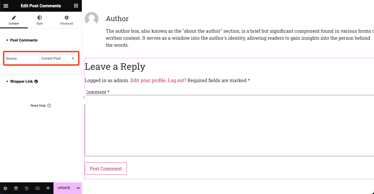 How to Create a Blog Post Template in Elementor Free with HappyAddons 19 Set Source for the Comment Box