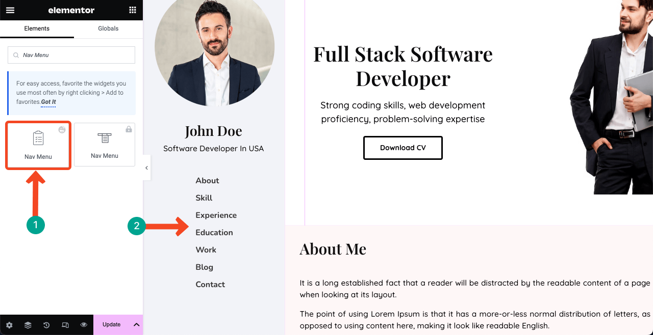 How to Create a Resume Website By Drag and Drop (Elementor) 27 Add a navigation menu