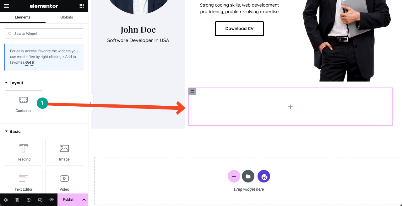 How to Create a Resume Website By Drag and Drop (Elementor) 14 Add a new flexbox container