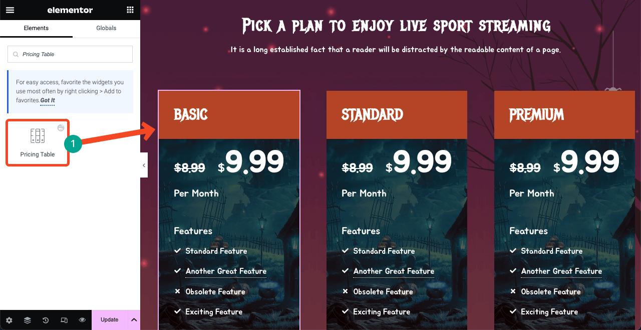 How to Design a Halloween Web Page in 2025 17 Add a pricing table to the Halloween page