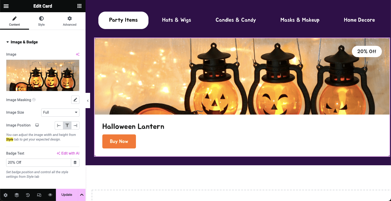 How to Design a Halloween Web Page in 2025 14 Add product image, dicount percentage, and buying button
