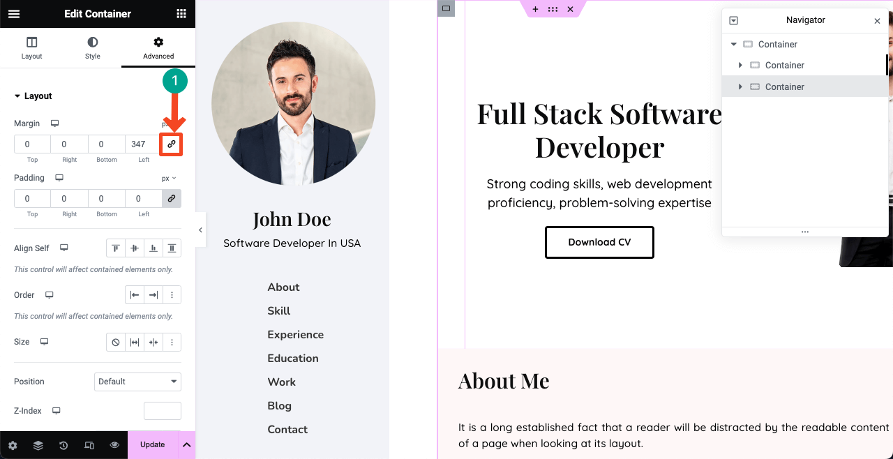 How to Create a Resume Website By Drag and Drop (Elementor) 30 Align web elements using margin from the Advanced tab