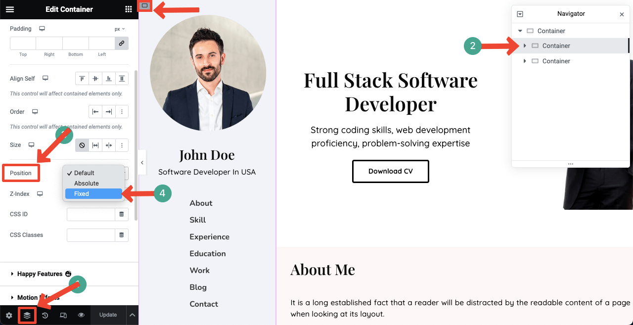 How to Create a Resume Website By Drag and Drop (Elementor) 29 Make the Right Sidebar Sticky