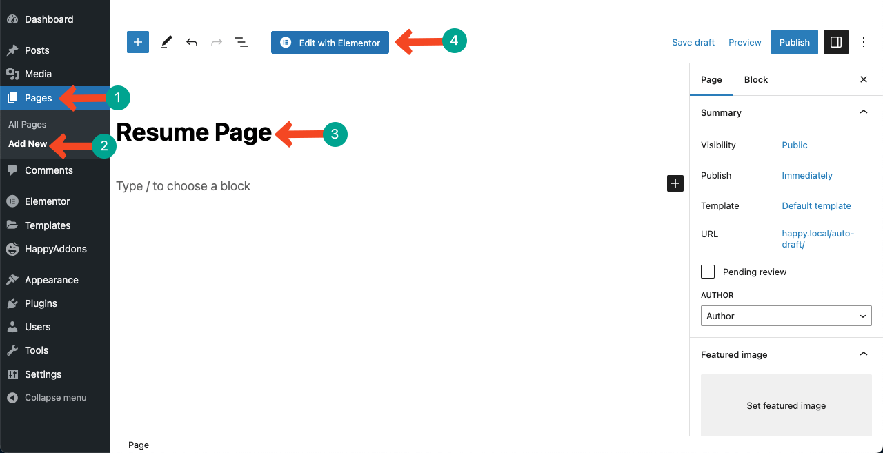 How to Create a Resume Website By Drag and Drop (Elementor) 4 Open a new page with Elementor
