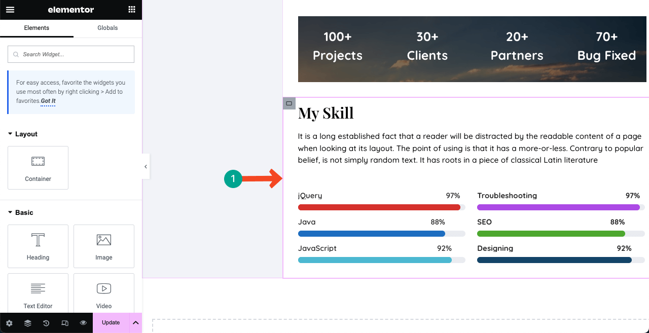 How to Create a Resume Website By Drag and Drop (Elementor) 19 Show your skills using the skill bar
