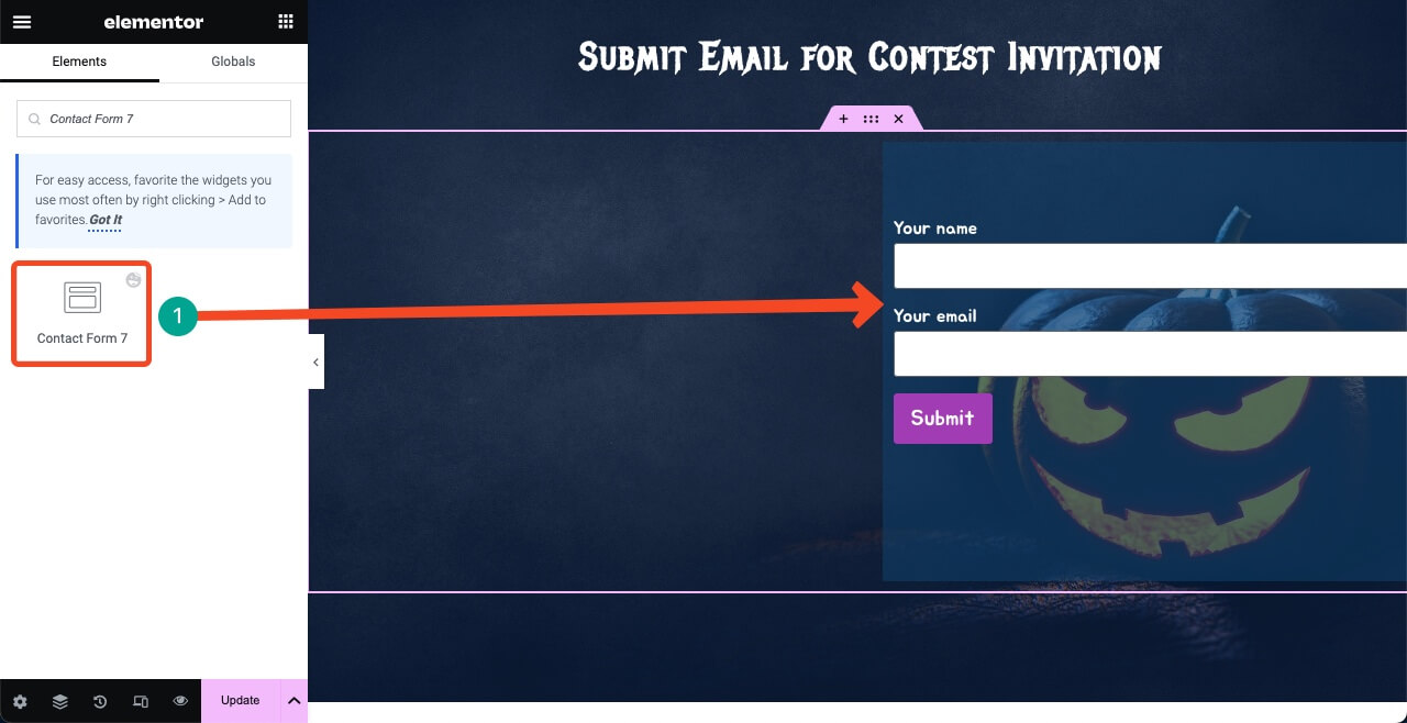 How to Design a Halloween Web Page in 2025 22 Use the Contact Form 7 widget on Elementor Canvas