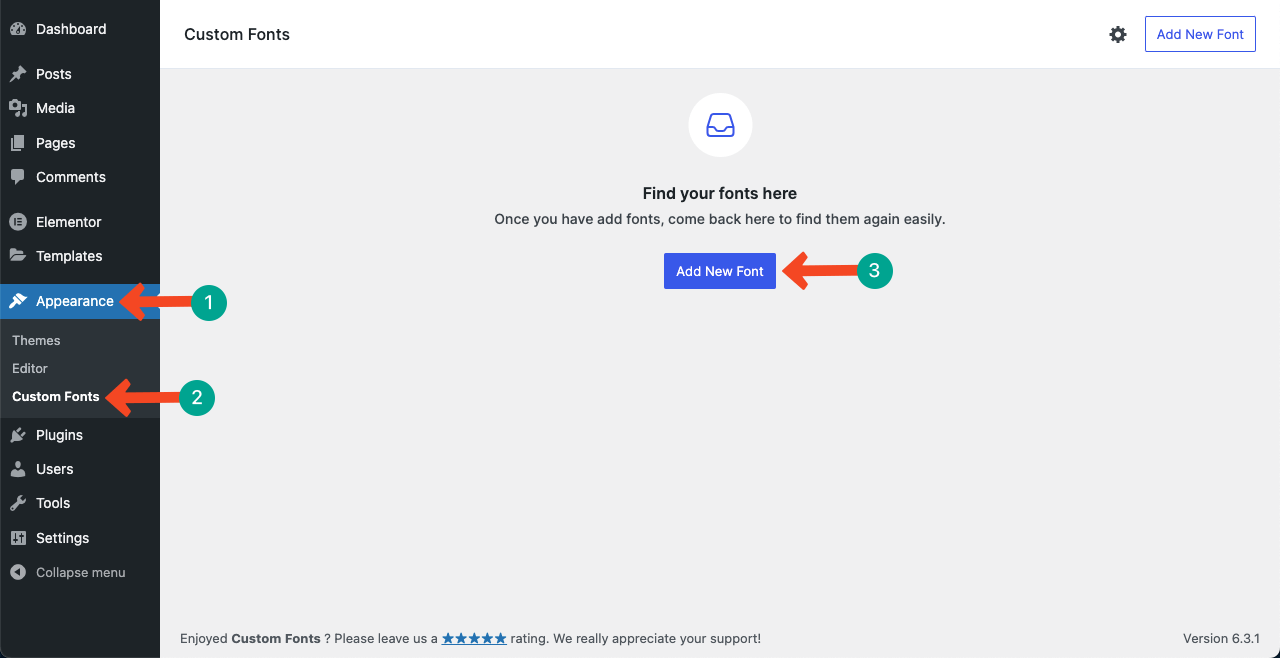 How To Add Custom Fonts To Elementor Free and Pro 7 Go to the Appearance Custom Fonts Section
