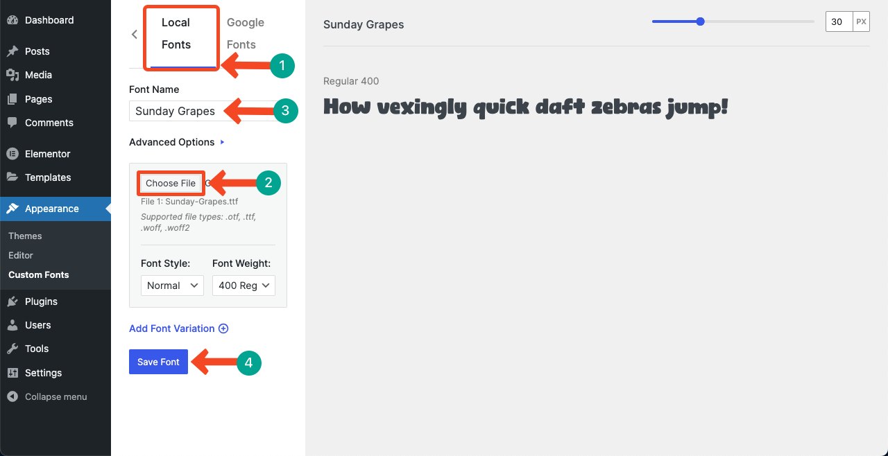 How To Add Custom Fonts To Elementor Free and Pro 8 Upload the font you downloaded