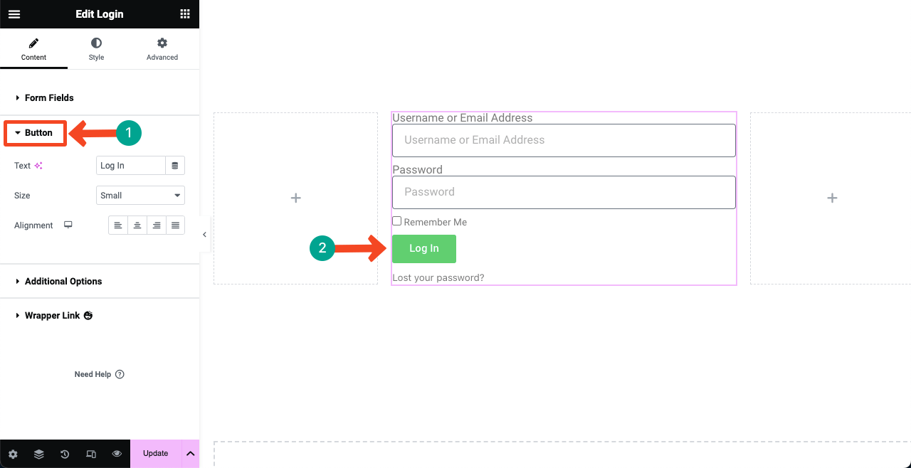 How to Create a Login Page on WordPress with Elementor 12 Customize the Log In button layout on the form