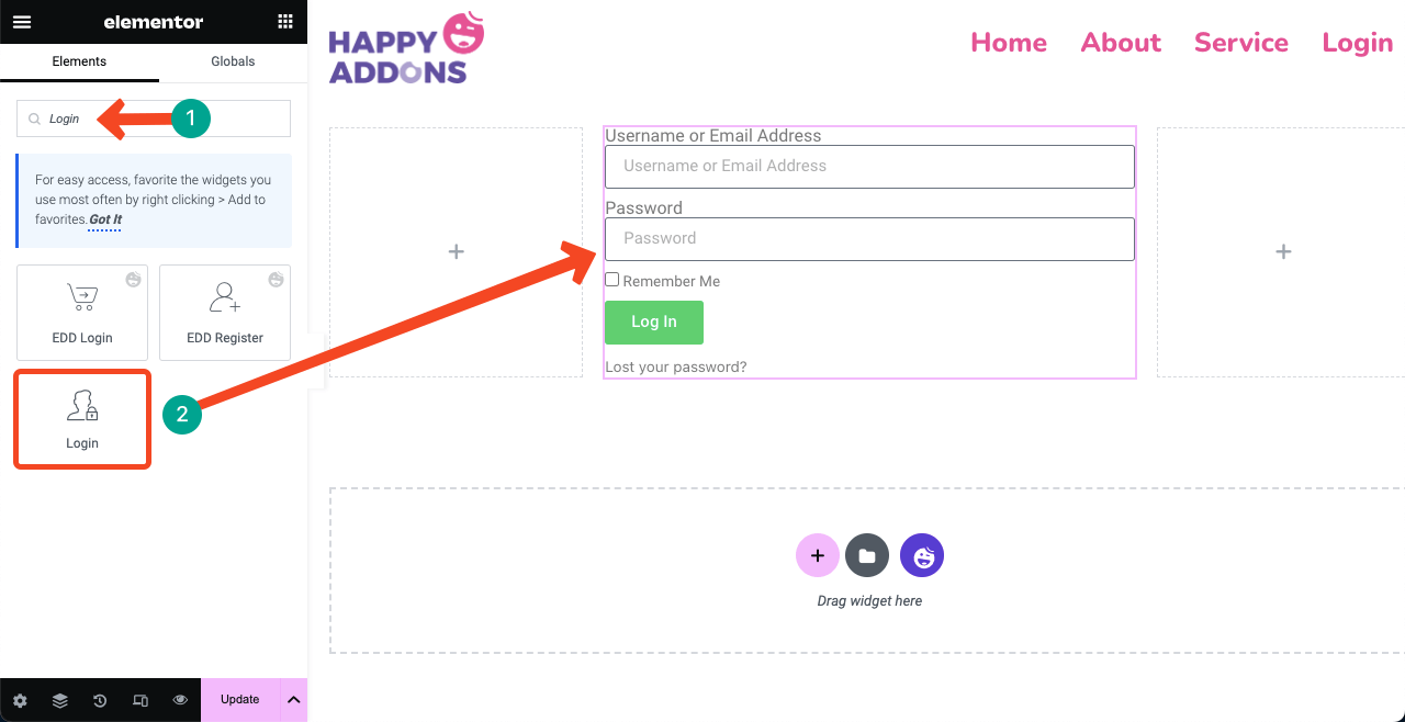 How to Create a Login Page on WordPress with Elementor 8 Drag and drop the Login widget