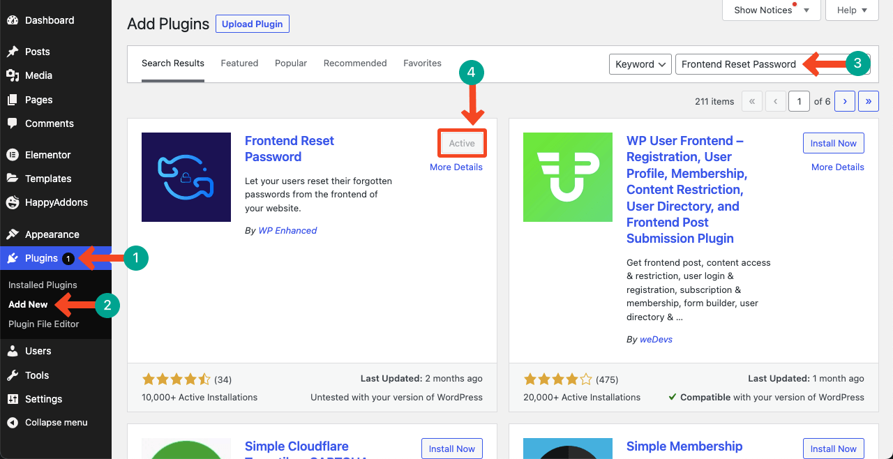 How to Create a Login Page on WordPress with Elementor 24 Install and activate the Frontend Reset Password plugin