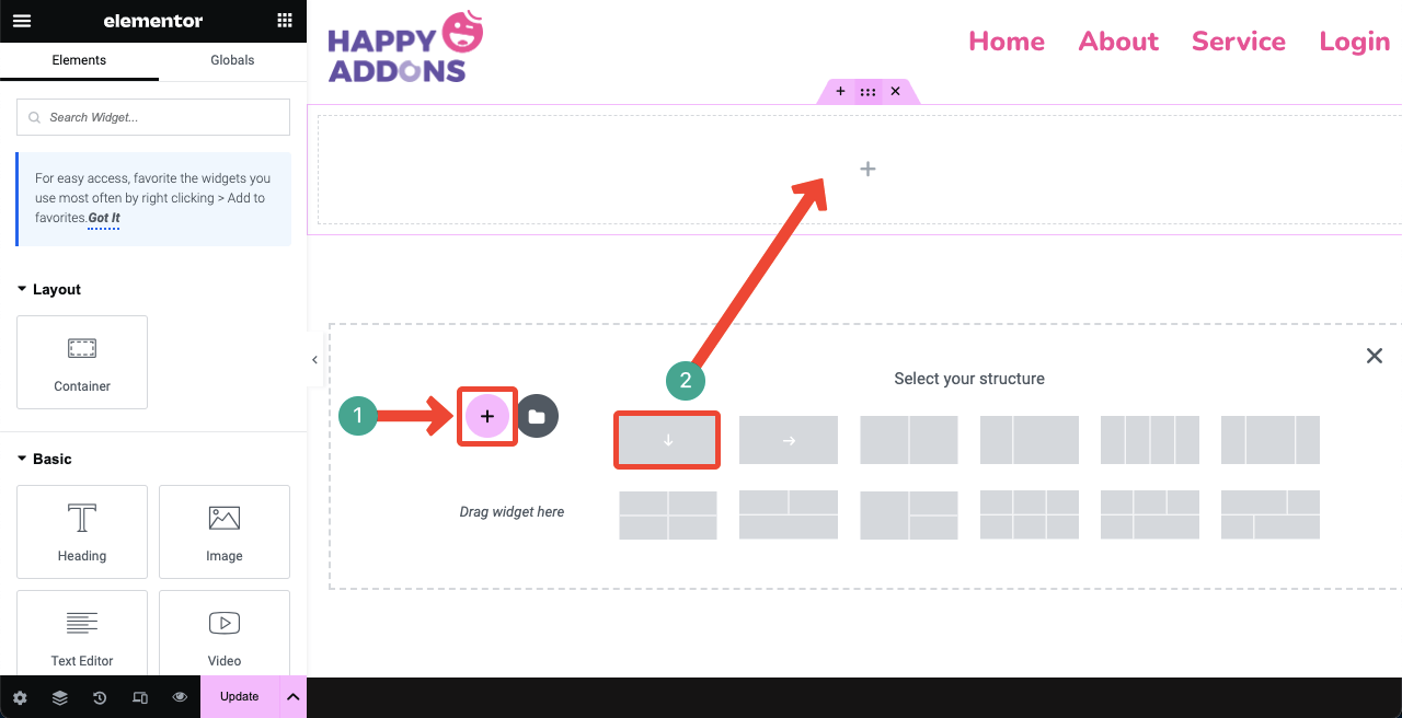 How to Create a Login Page on WordPress with Elementor 4 Select a structure for placing widget