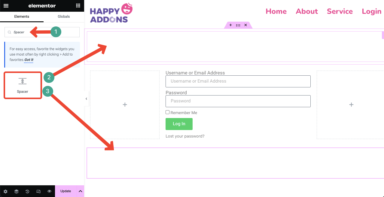 How to Create a Login Page on WordPress with Elementor 9 Use the Spacer widget to create space between sections on the canvas