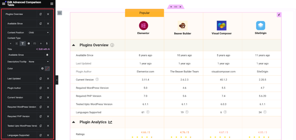 How to Create a Comparison Table with Elementor Comparison Table Widget 24 Color Schemes and Typography of the Comparison table