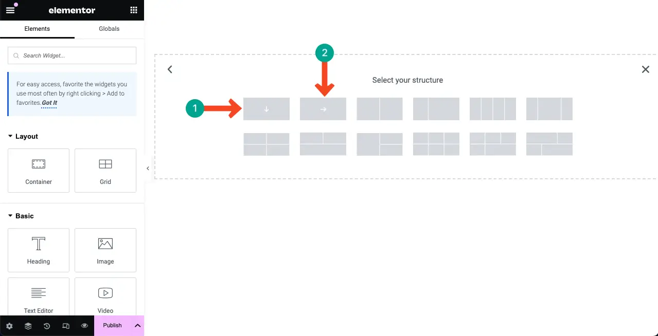 How to Use Elementor Flexbox Container Step by Step 3 Select a directional column of Elementor flexbox