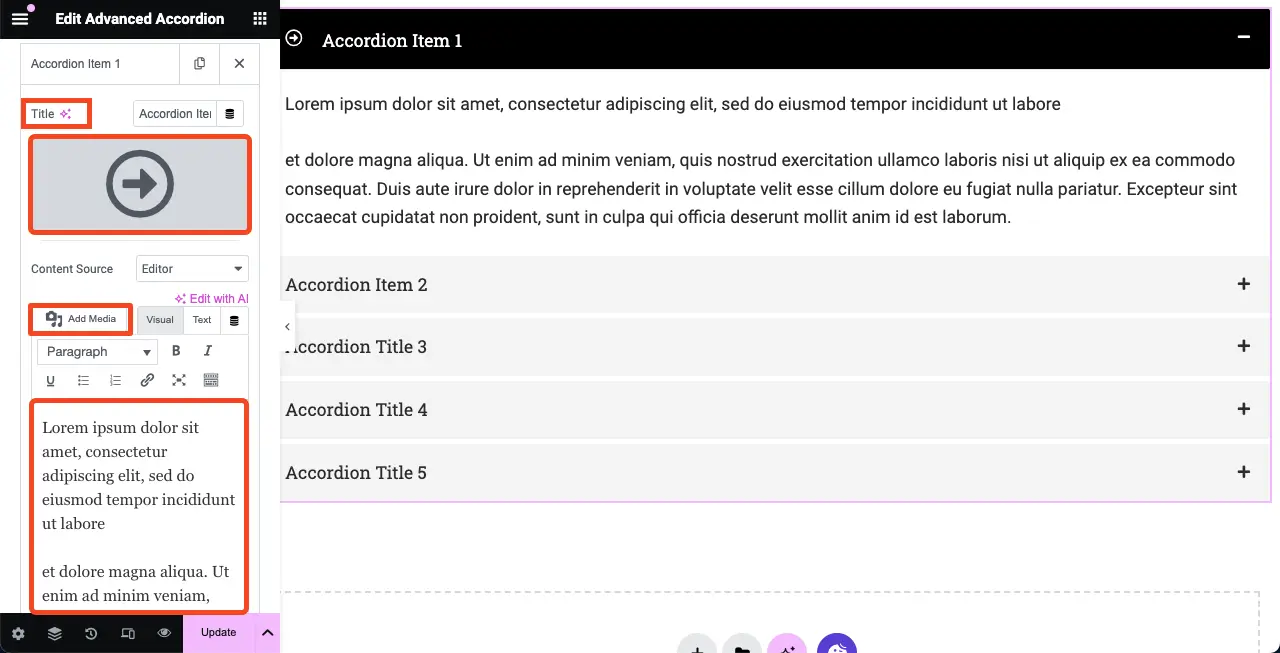 How to Use the Elementor Advanced Accordion Widget of HappyAddons 5 Add content to the Advanced Accordion's section