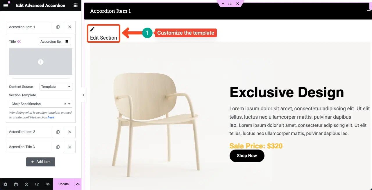 How to Use the Elementor Advanced Accordion Widget of HappyAddons 8 Customize the template in Advanced Accordion section