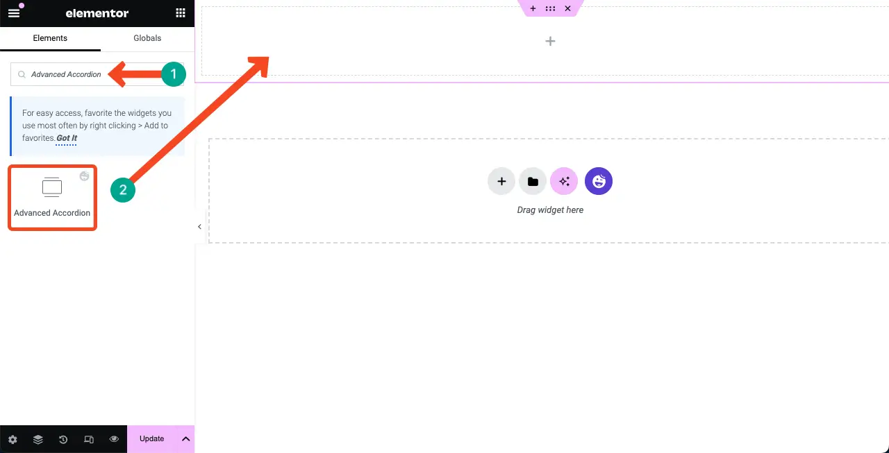 How to Use the Elementor Advanced Accordion Widget of HappyAddons 2 Drag and drop the Advanced Accordion widget to the Elementor Canvas