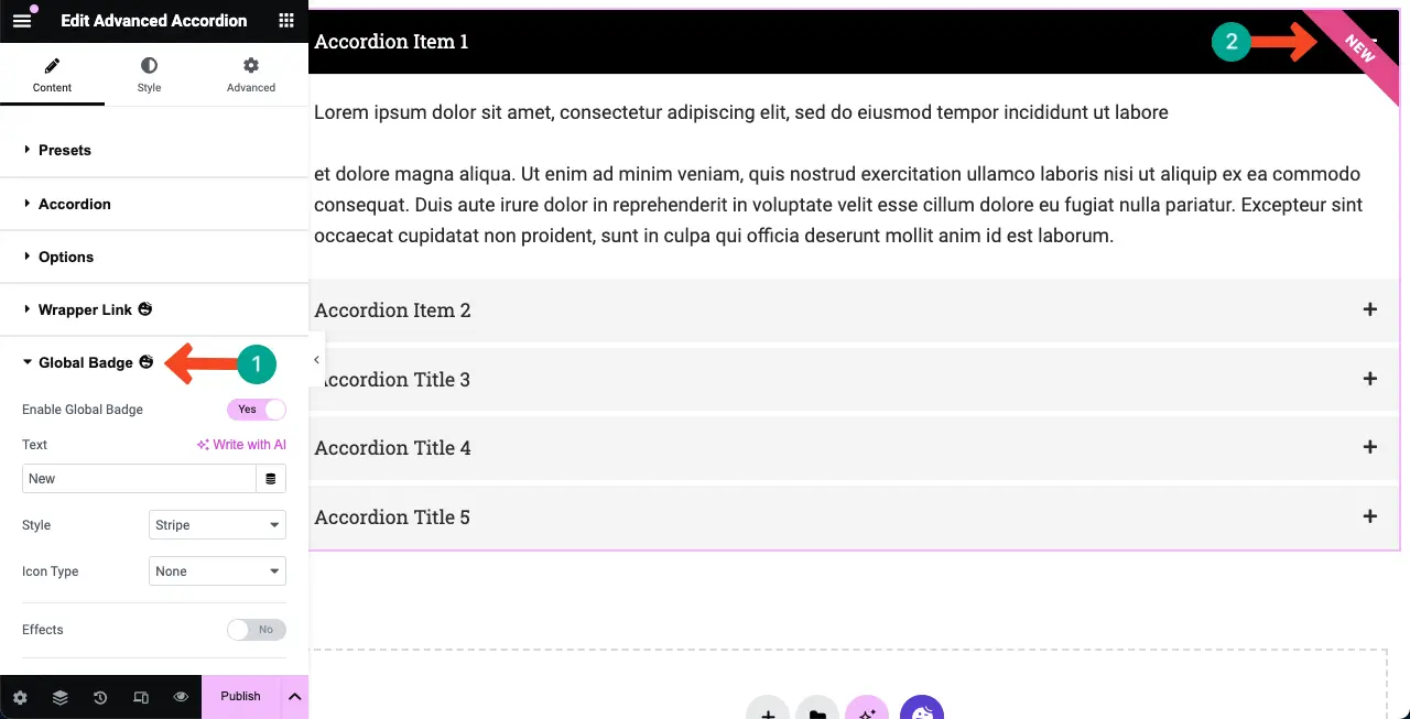 How to Use the Elementor Advanced Accordion Widget of HappyAddons 10 Add a global badge