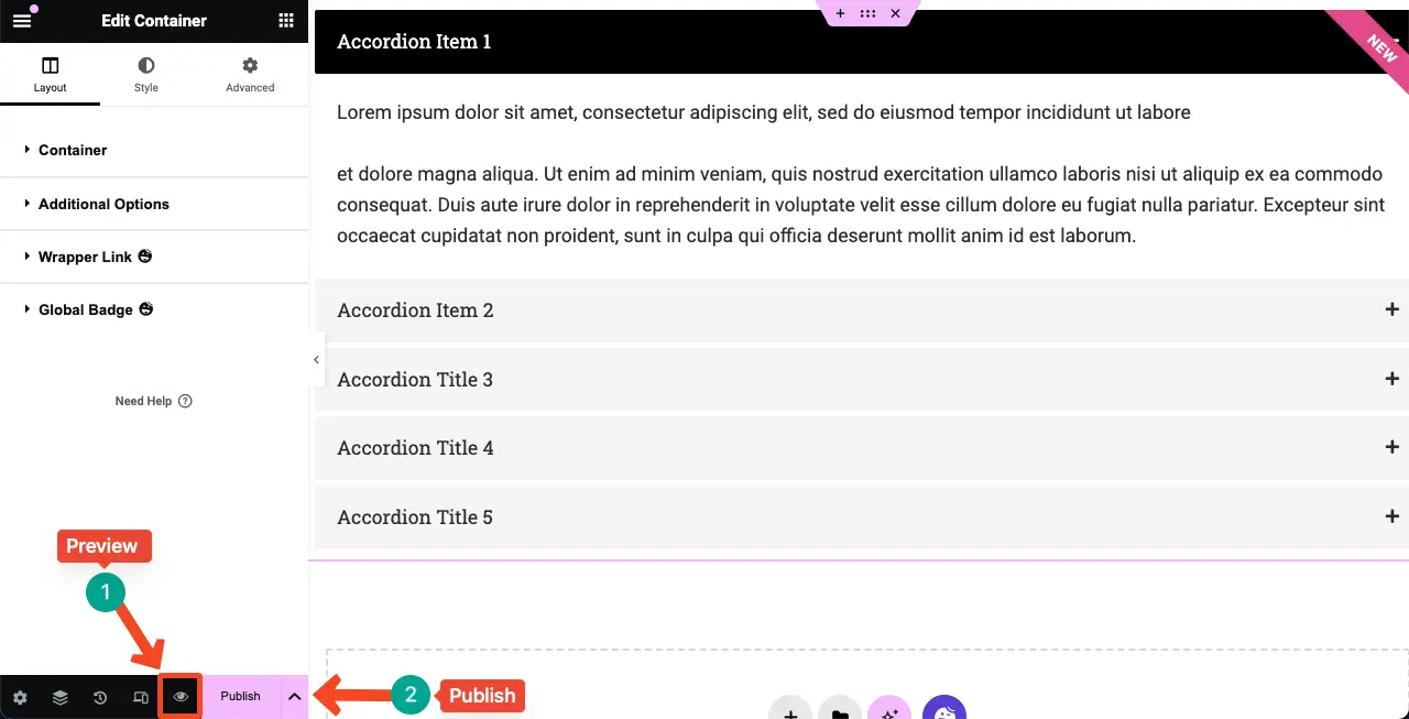 How to Use the Elementor Advanced Accordion Widget of HappyAddons 15 Preview and Publish the Advanced Accordion Widget