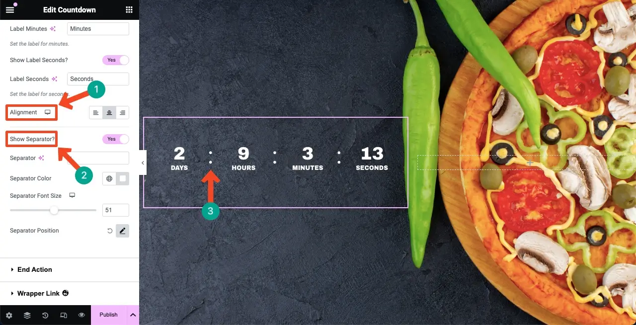 Influence Visitors with Elementor Countdown Timer Widget 11 Set alignment and show seperator