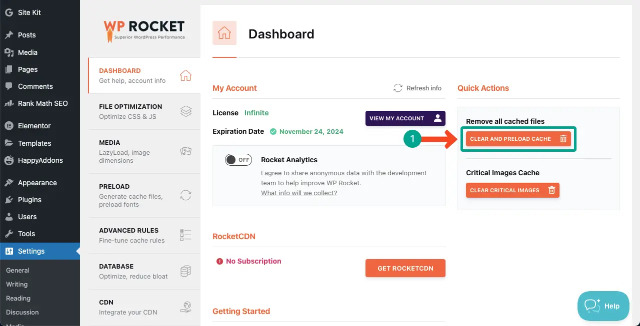 Remove cached files using the WPRocket plugin