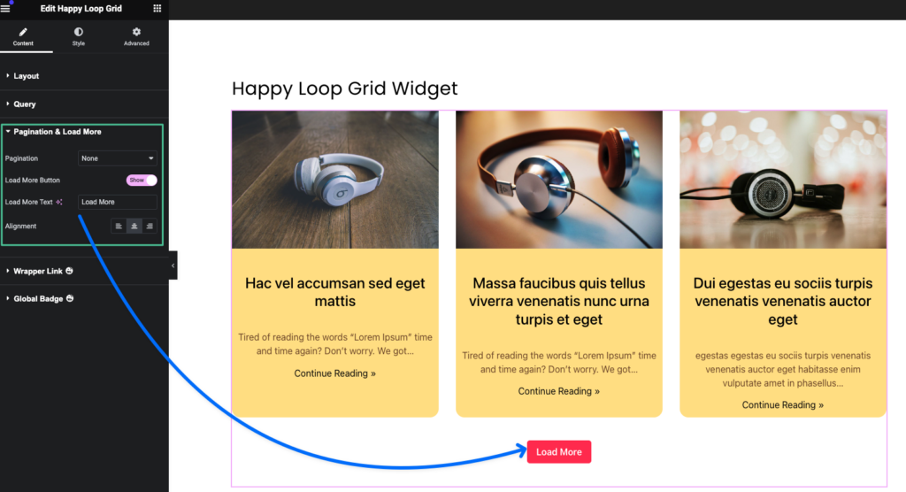 Happy Loop Grid 7 Setting the load more button