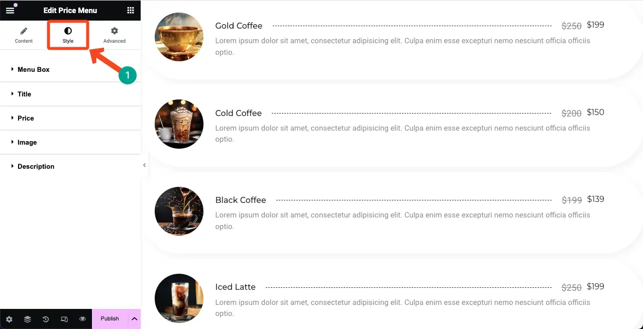 How to Create a Price List in WordPress with Elementor 17 Come to the Styles tab of the Price Menu widget