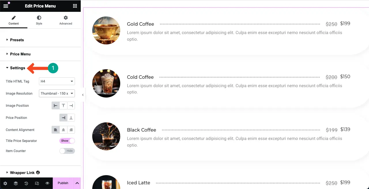 How to Create a Price List in WordPress with Elementor 15 Configure settings for the Price Menu widget to design price list