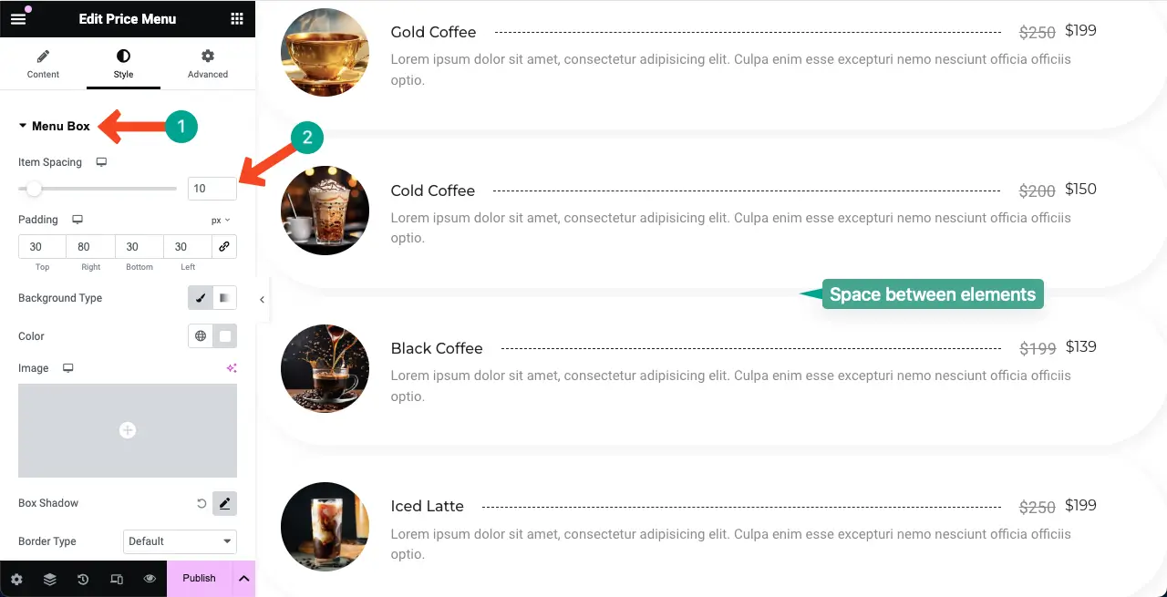 How to Create a Price List in WordPress with Elementor 18 Customize Item Spacing between elements on price lists