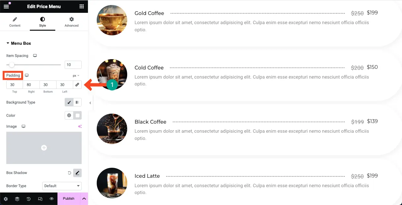 How to Create a Price List in WordPress with Elementor 19 Customize padding for the price list