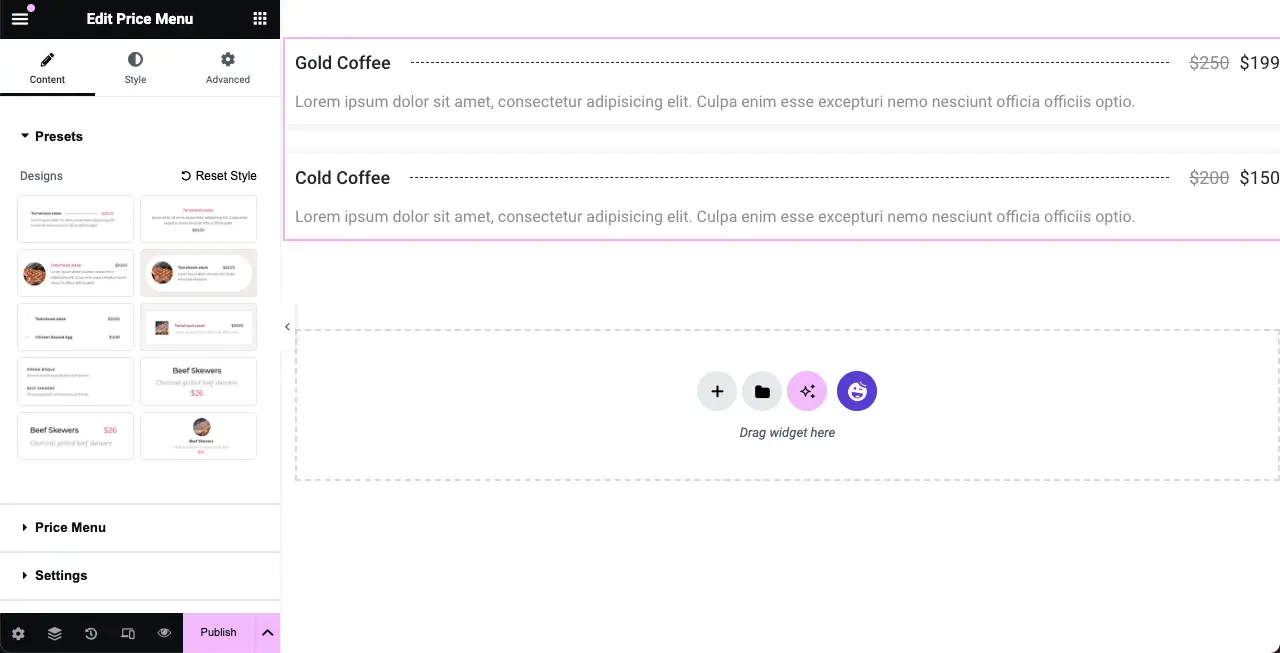 How to Create a Price List in WordPress with Elementor 4 Default price list is created