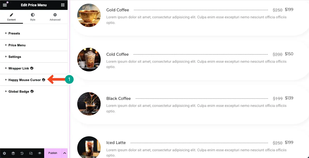 How to Create a Price List in WordPress with Elementor 16 Enable Happy Mouse Cursor for the Price List