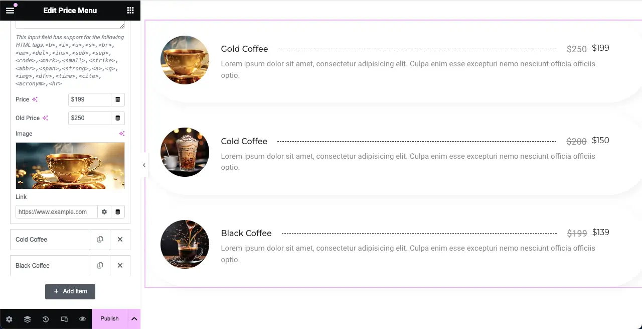How to Create a Price List in WordPress with Elementor 13 Images added to the price menu widget of HappyAddons