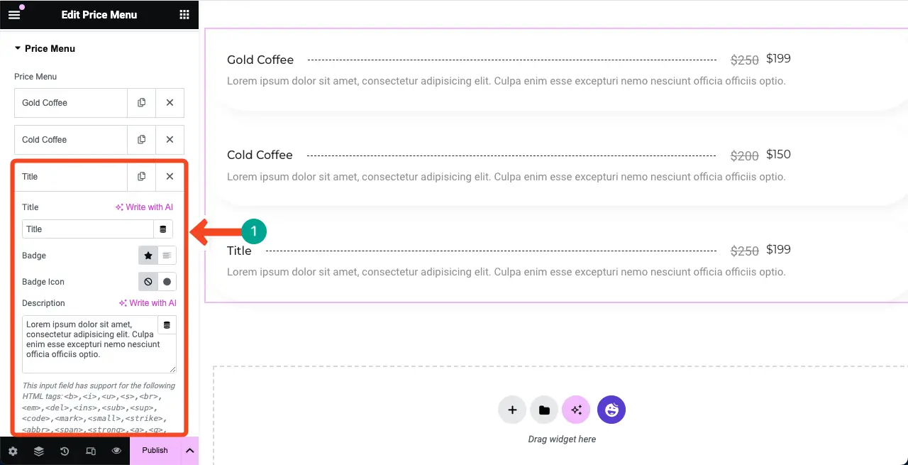 How to Create a Price List in WordPress with Elementor 8 Option to add new item is created in the price list widget
