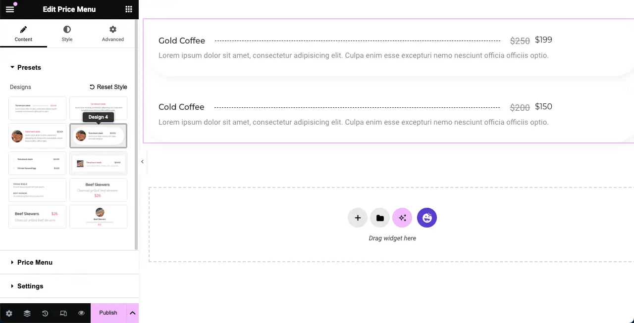 How to Create a Price List in WordPress with Elementor 6 Select a price list style