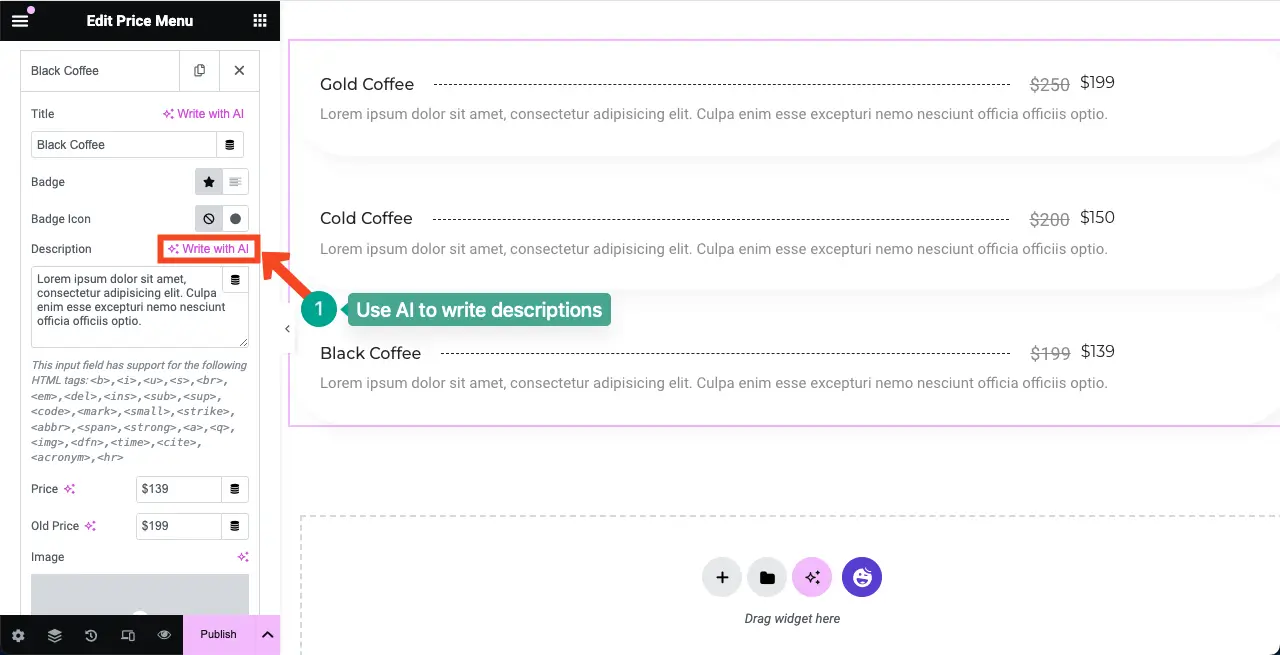 How to Create a Price List in WordPress with Elementor 9 Write product description with AI