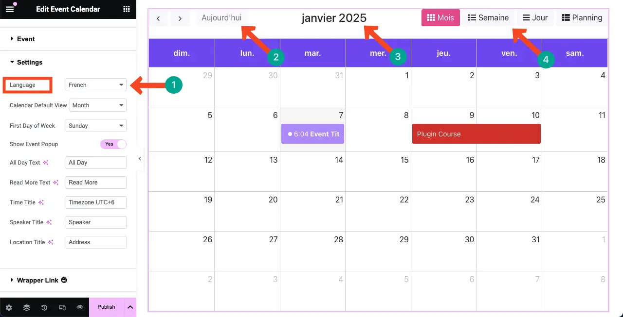 How to Create an Event Calendar in WordPress with Elementor 15 Change the language type for the event calendar