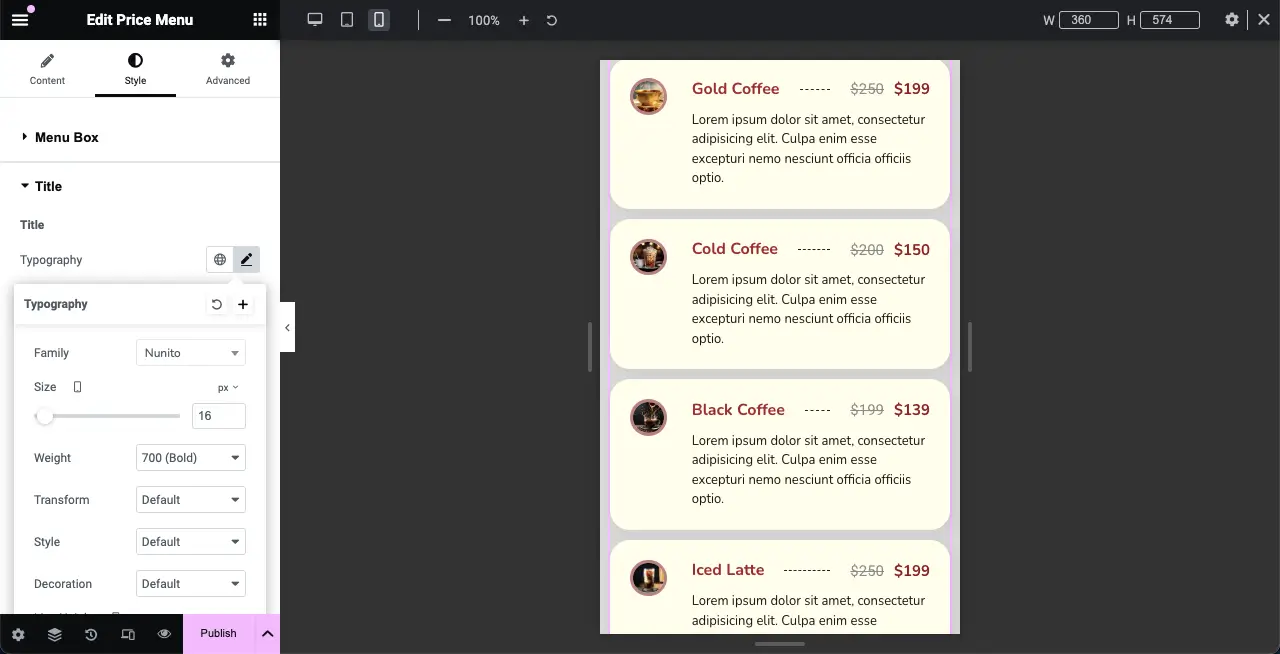 How to Create a Price List in WordPress with Elementor 27 Customize elements of the price list for making it mobile responsive