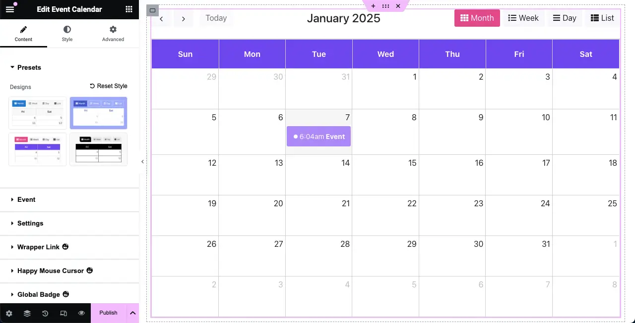 How to Create an Event Calendar in WordPress with Elementor 2 Event calendar is added to the Elementor canvas