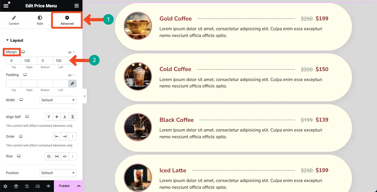 How to Create a Price List in WordPress with Elementor 28 Narrow the Width of the Price List Layout