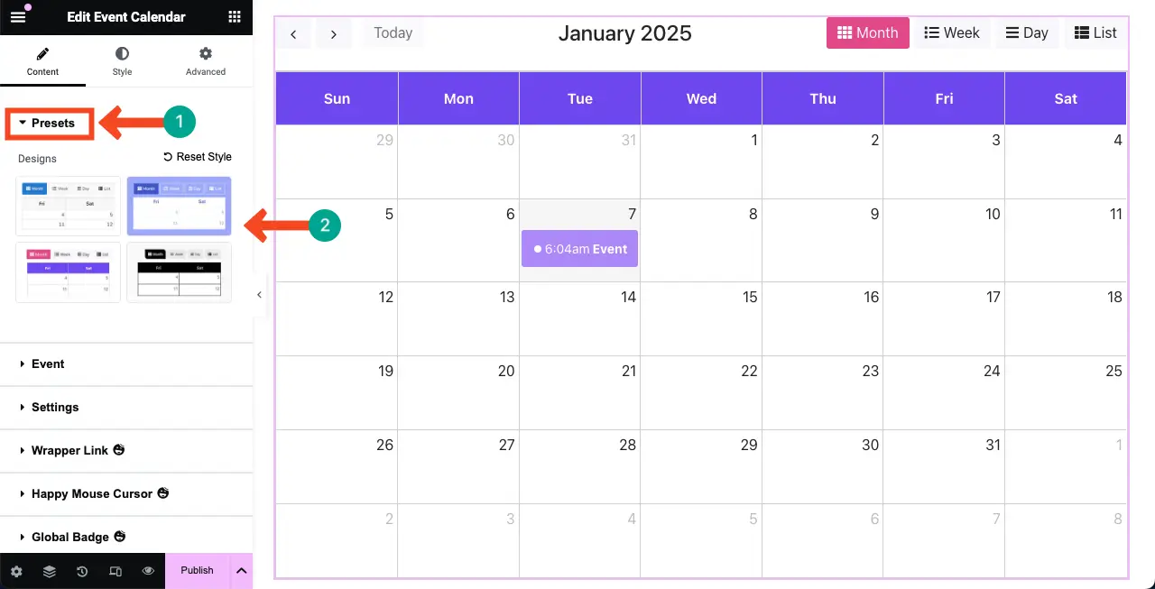 How to Create an Event Calendar in WordPress with Elementor 3 Select a Preset for the Event Calendar