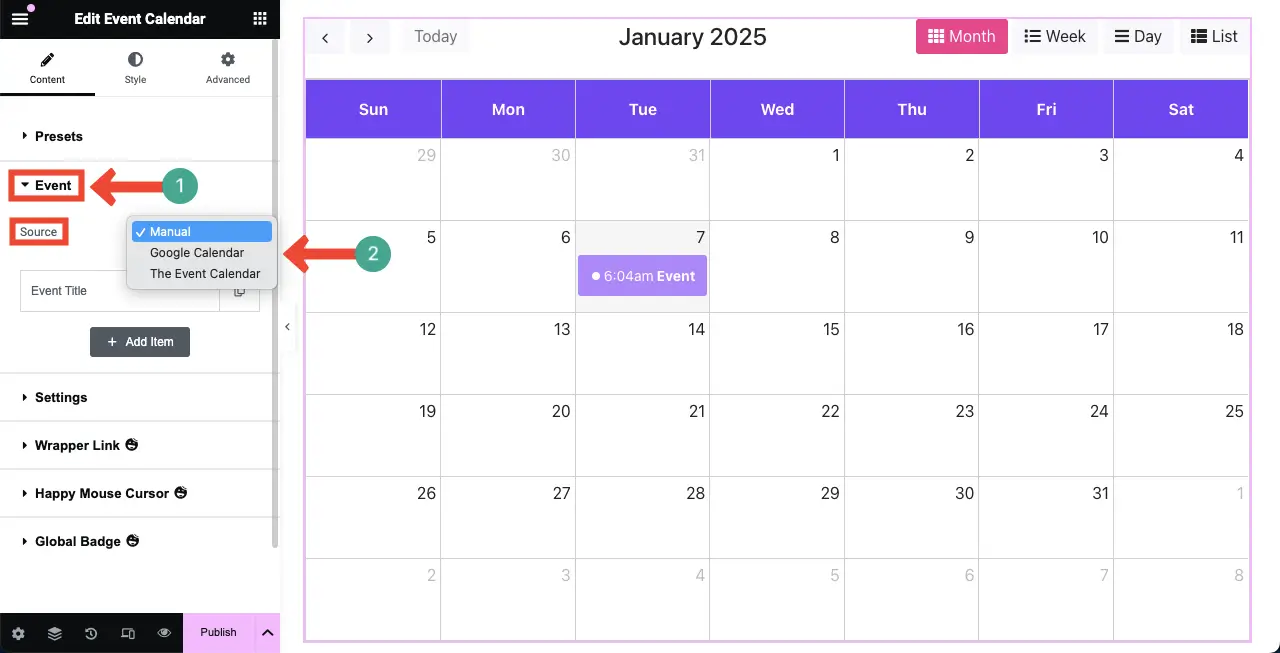 How to Create an Event Calendar in WordPress with Elementor 4 Select a Source for the Event Calendar