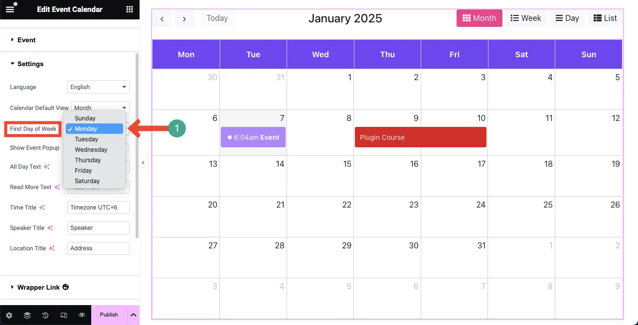 How to Create an Event Calendar in WordPress with Elementor 16 Set the First Day of the Week